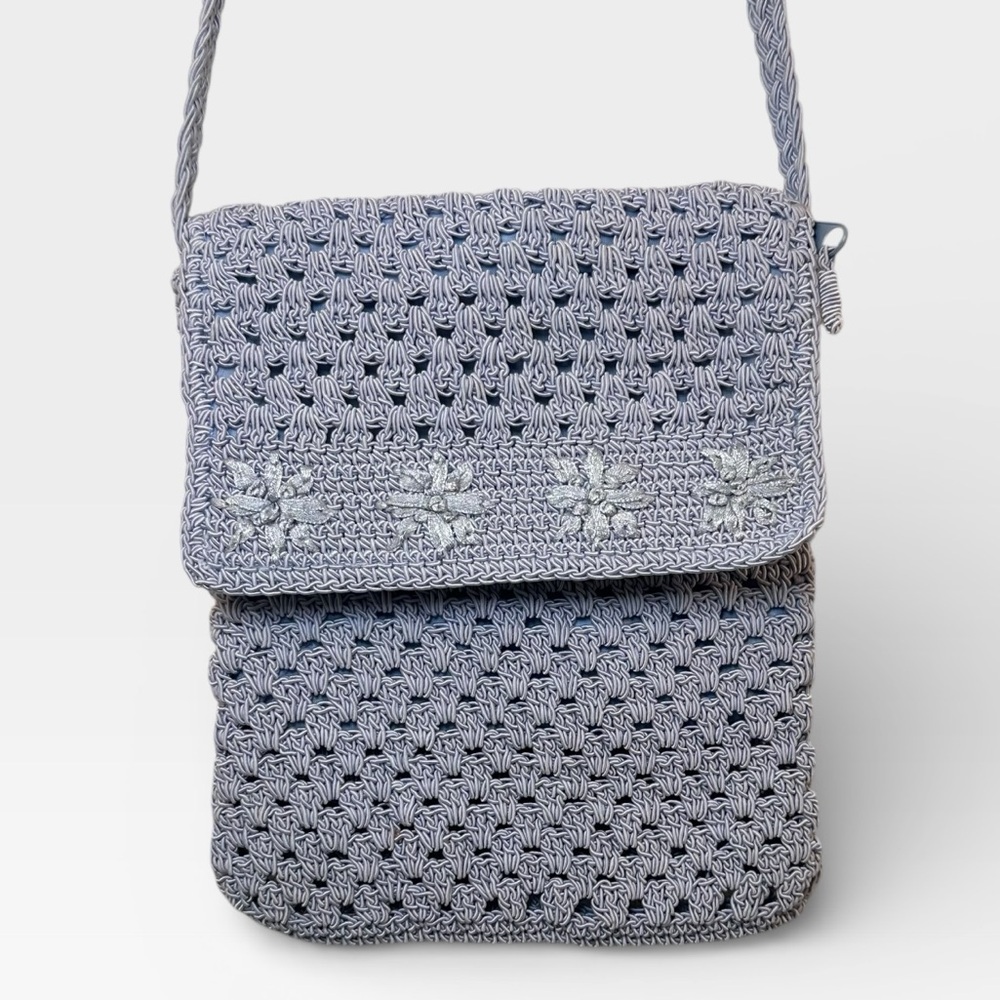 Carlo D’Santi Crochet Knit Baby Blue Floral Crossbody Bag Purse Vintage Y2K - Picture 2 of 5